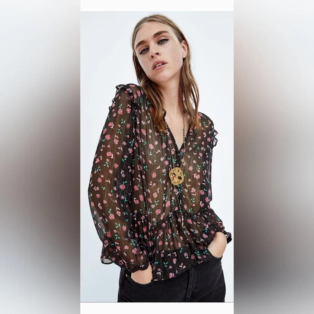 NWOT! Sheer Metallic Women's Zara Spring Peplum Floral Boho Blouse Medium - Picture 11 of 15
